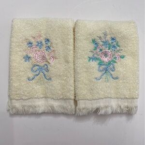 Two Vintage Cotton Yellow Fingertip Towels with Embroidered Flowers and Bow